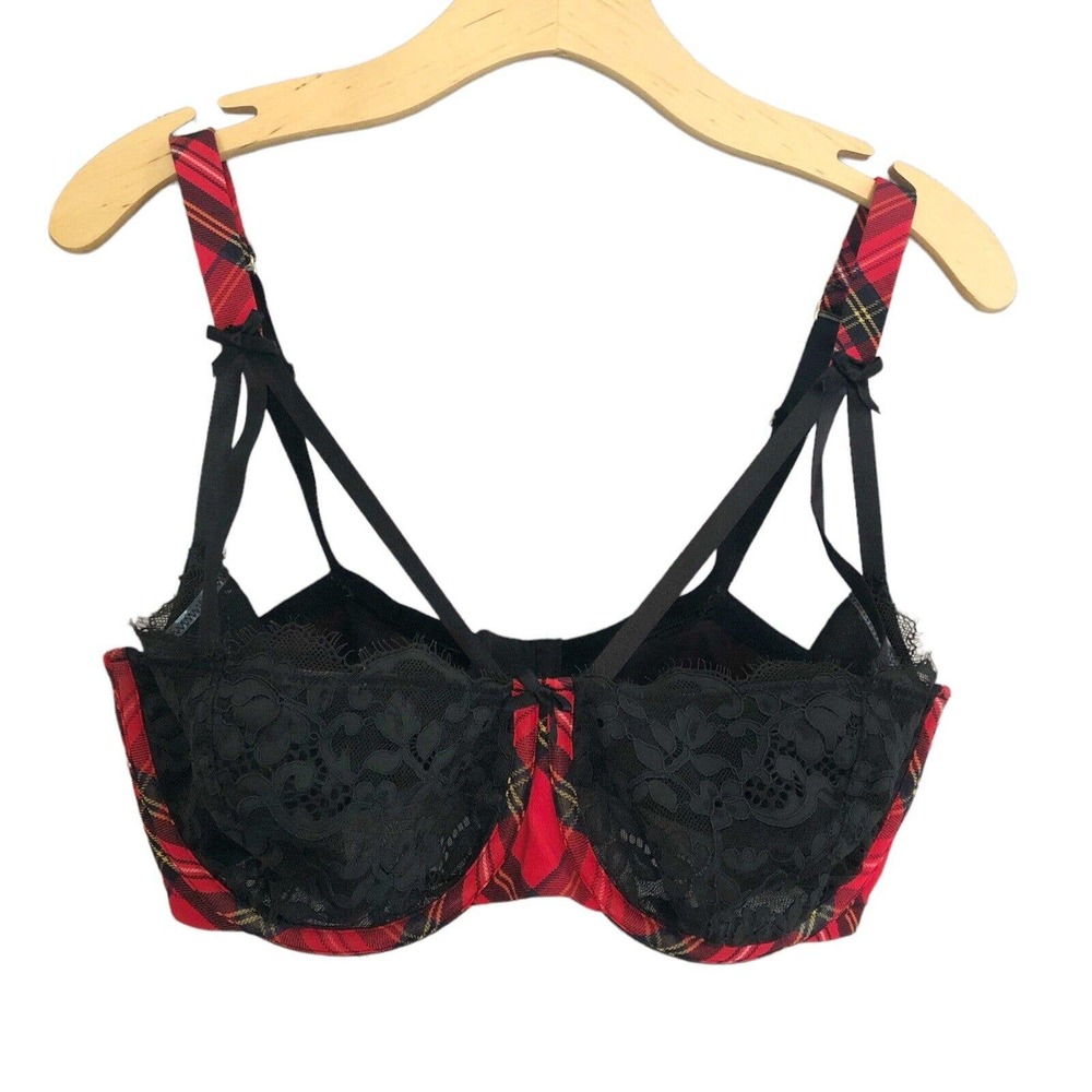 Cacique Plaid Balconette Bra Strappy Cage Lace